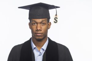 Young black college graduate with tuition debt, horizontal